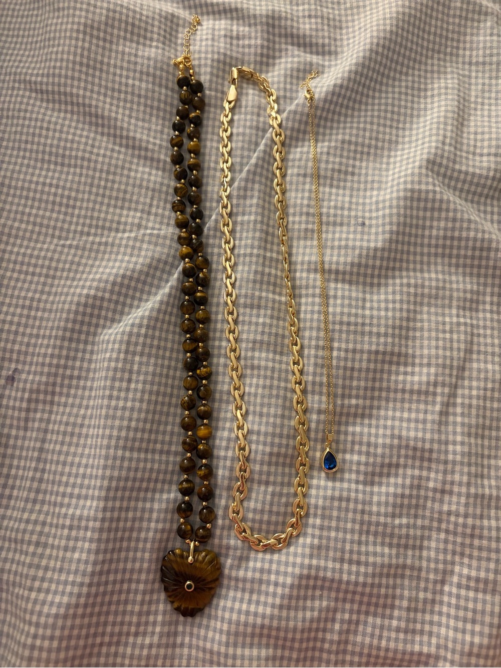 Gold Chain Necklace, Tiger Eye Beaded Heart Pendant & Blue Teardrop Necklace Set